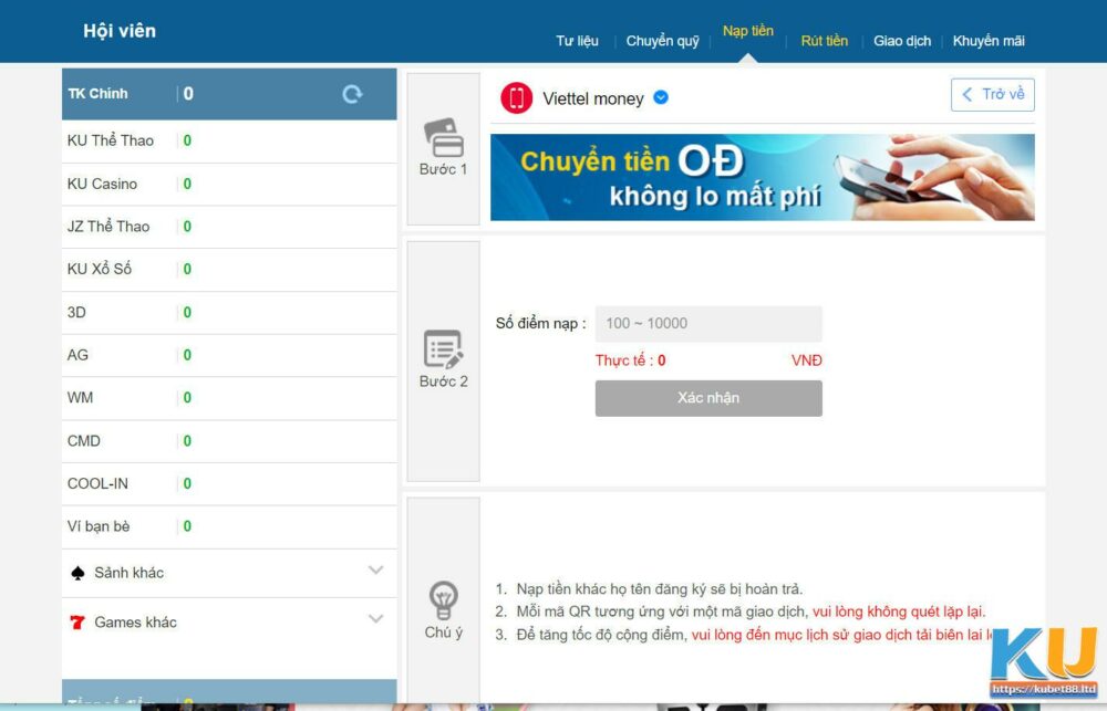Hướng dẫn nạp tiền Kubet qua Viettel Money