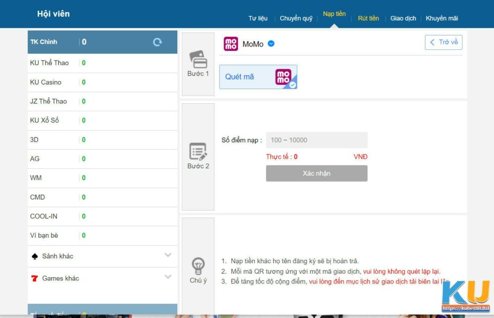 Hướng dẫn nạp tiền qua Momo tại Kubet