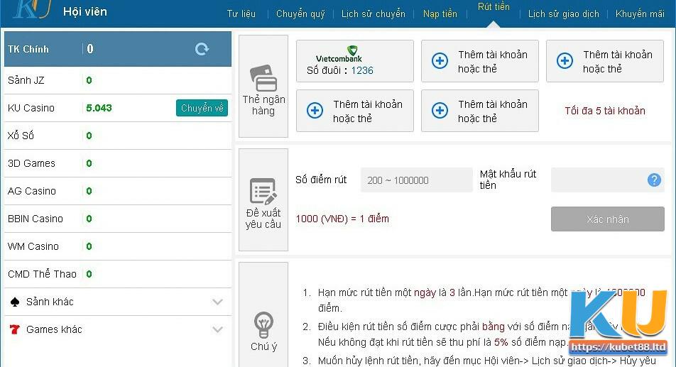 Thực hiện rút tiền tại nhà cái Kubet bằng cách thêm thẻ ngân hàng